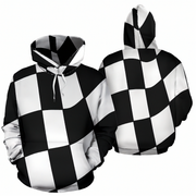 Black and white checkered wavy pattern hoodie shown from both front and back views on a plain white background.
