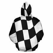 A black and white checkered pattern hoodie shown from the back, featuring a bold wavy checkerboard design on a plain white background.