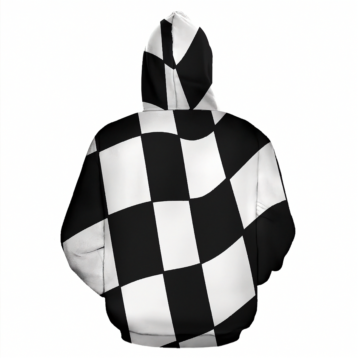 A black and white checkered pattern hoodie shown from the back, featuring a bold wavy checkerboard design on a plain white background.