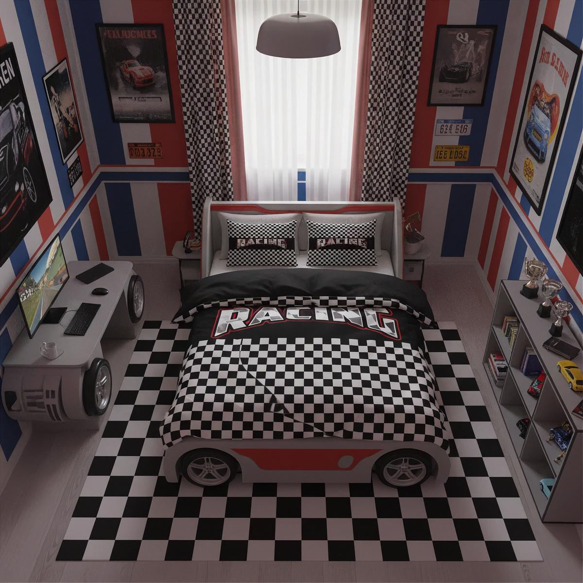 A themed children's bedroom styled like a race track, featuring a car-shaped bed with a black and white checkered racing blanket and matching pillows, a checkered floor, and red, white, and blue striped walls with racing posters.