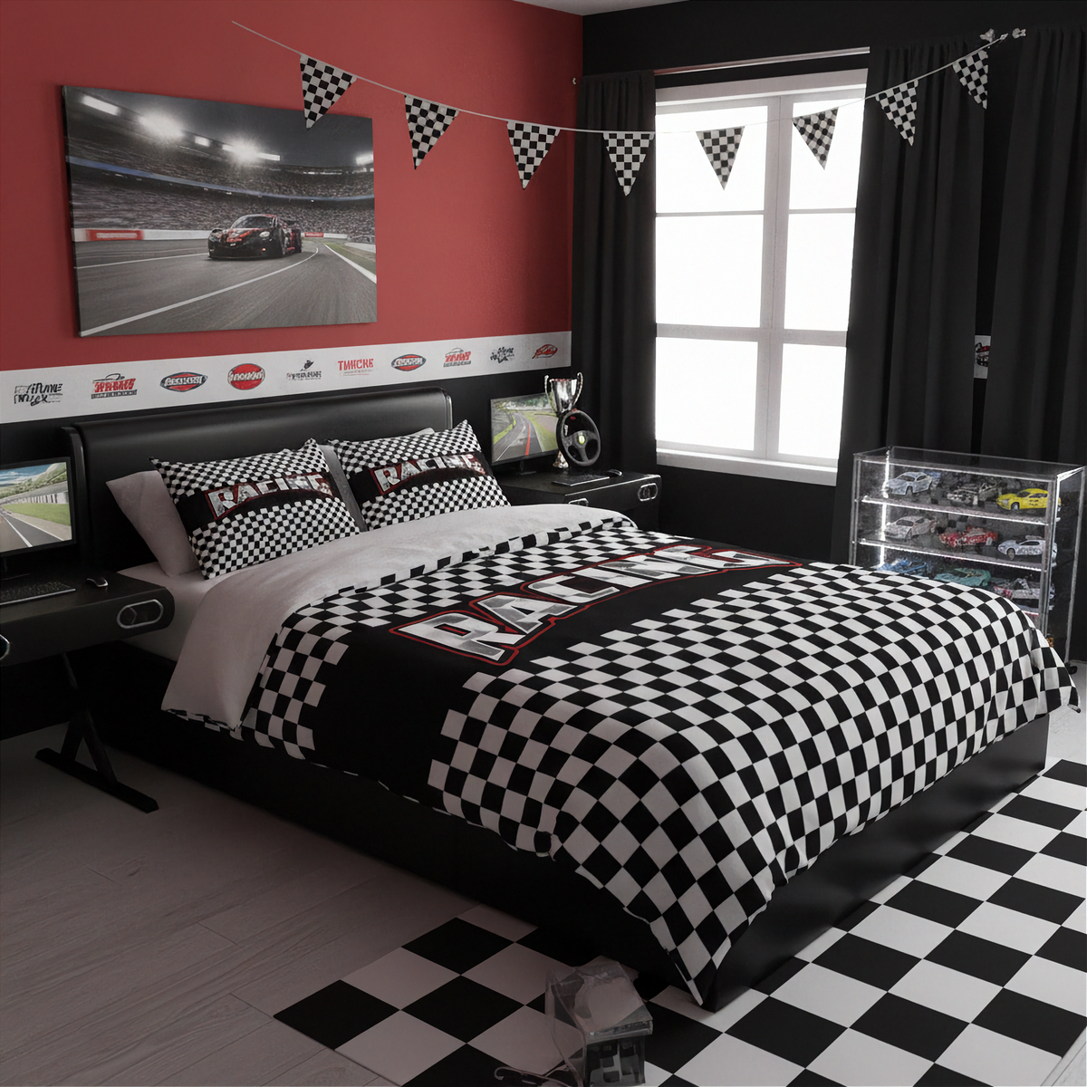 A racing-themed bedroom featuring a bed dressed in a black and white checkered comforter and matching pillow shams. The room has a red accent wall with a race track poster, black curtains, a window, and a clear display case filled with toy cars.