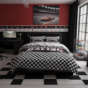 A racing-themed bedroom featuring a black and white checkered duvet cover and matching pillow shams on a bed with a black headboard. The room has a red accent wall, a large racing car poster, a checkered floor, and a display of toy cars near a window.