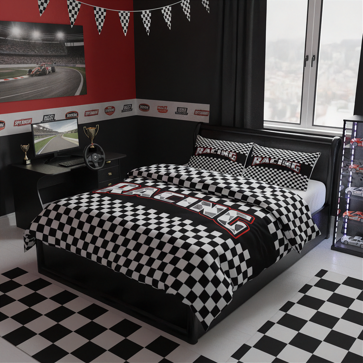 A racing-themed bedroom set featuring a black and white checkered duvet cover and matching pillowcases on a black bed frame, styled in a modern race track themed room with a checkered floor, desk, and wall decals.