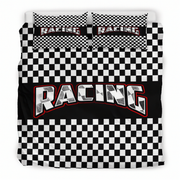 A racing-themed bedding set featuring a duvet cover and two matching pillowcases with a black and white checkered pattern and the word 'RACING' in large stylized letters across the center.