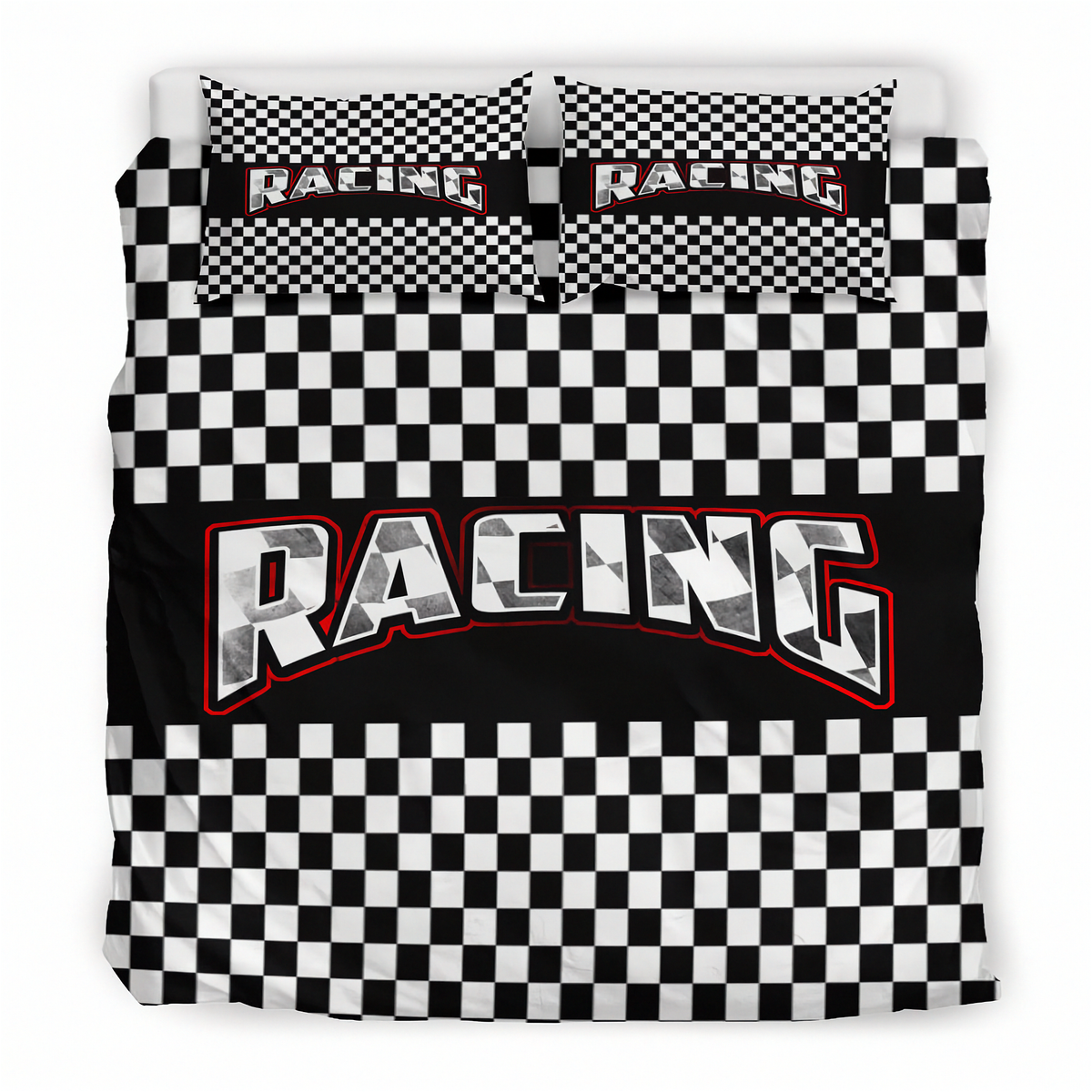 A racing-themed bedding set featuring a duvet cover and two matching pillowcases with a black and white checkered pattern and the word 'RACING' in large stylized letters across the center.