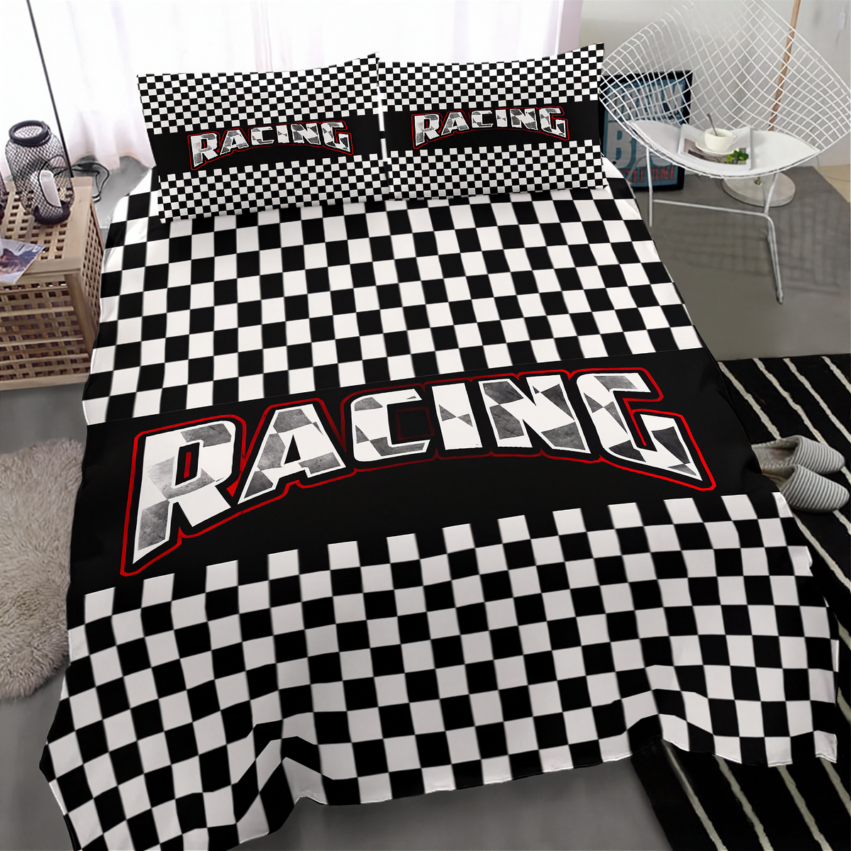 A racing-themed bedding set featuring a black and white checkered pattern with a large 'RACING' graphic across the duvet cover and matching pillowcases, styled on a bed in a modern bedroom setting.