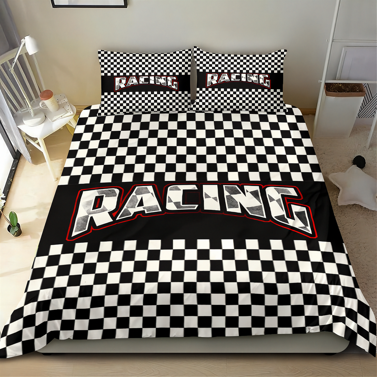 A racing-themed bedding set featuring a black and white checkered duvet cover and matching pillowcases with a large 'RACING' graphic across the center, displayed on a bed in a bedroom setting.