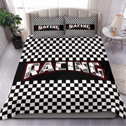 A racing-themed bedding set featuring a black and white checkered duvet cover and matching pillowcases with the word 'RACING' printed across the front, styled on a bed in a modern bedroom setting.
