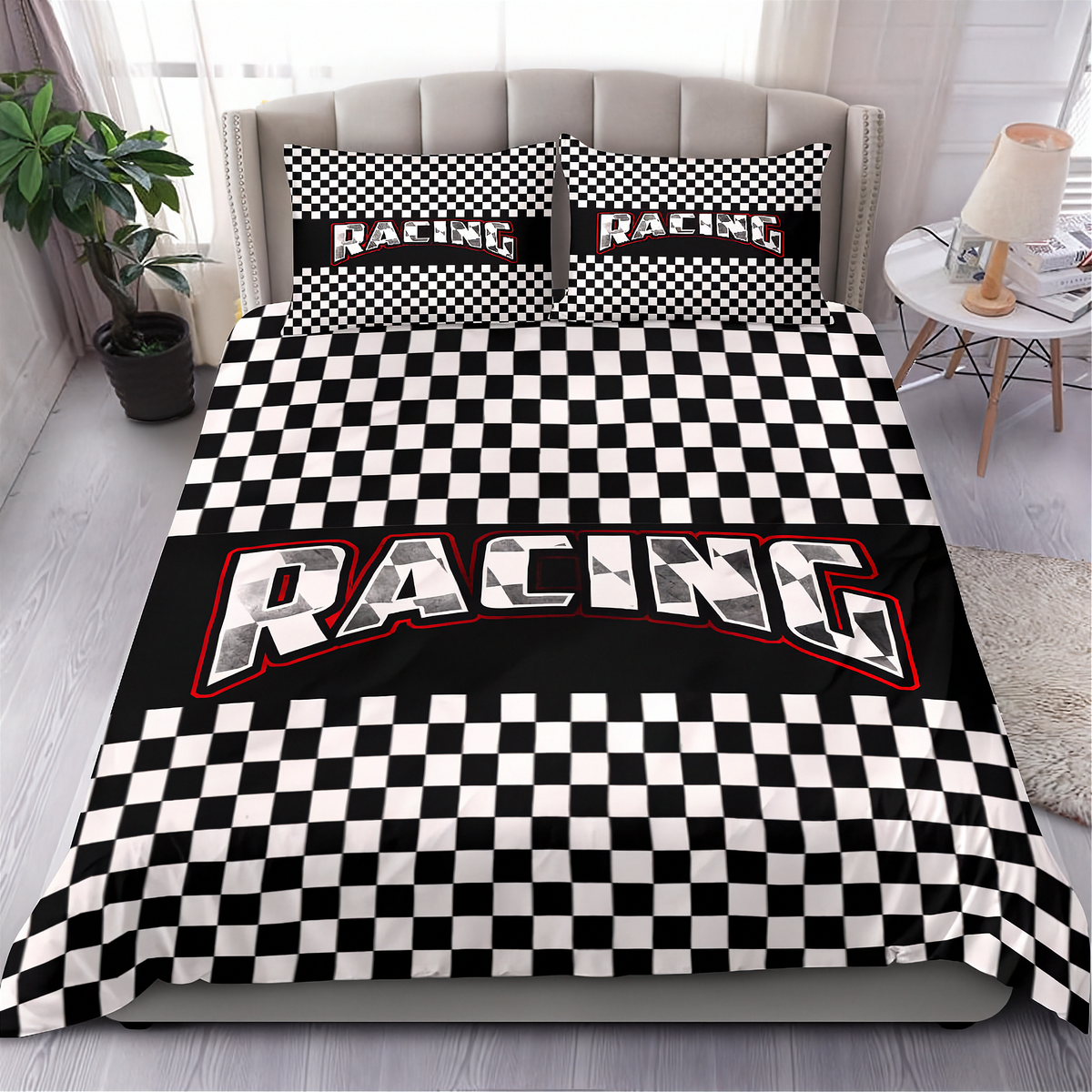 A racing-themed bedding set featuring a black and white checkered duvet cover and matching pillowcases with the word 'RACING' printed across the front, styled on a bed in a modern bedroom setting.