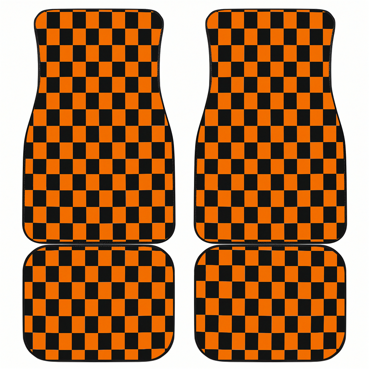 Four car floor mats with a black and orange checkered pattern, arranged in a 2x2 grid on a plain white background.