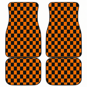Four car floor mats with a black and orange checkered pattern, arranged in a 2x2 grid on a plain white background.