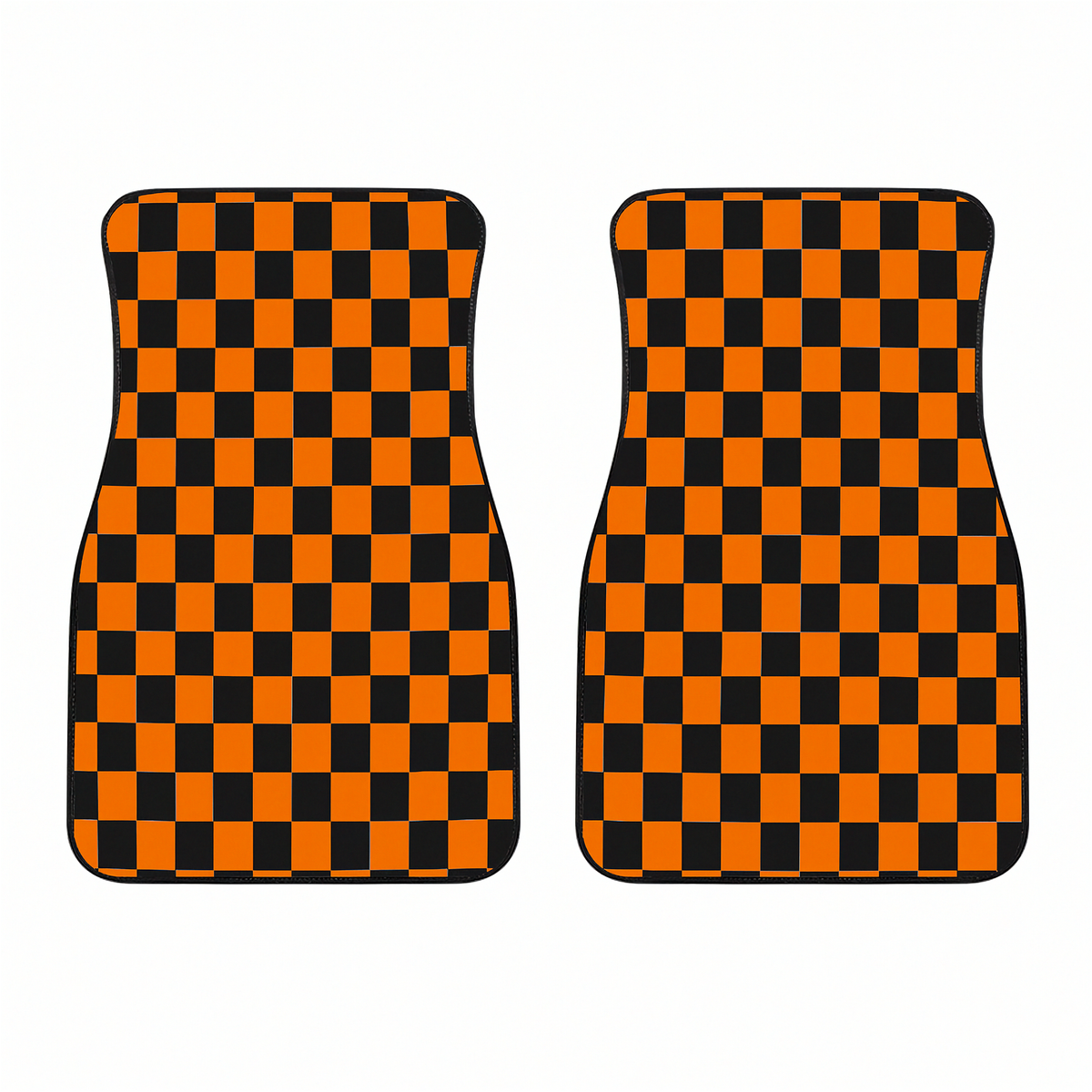 A pair of car floor mats with a bold orange and black checkerboard pattern, shown against a plain white background.