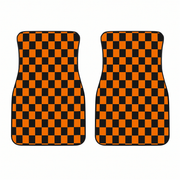 A pair of car floor mats with a bold orange and black checkerboard pattern, shown against a plain white background.