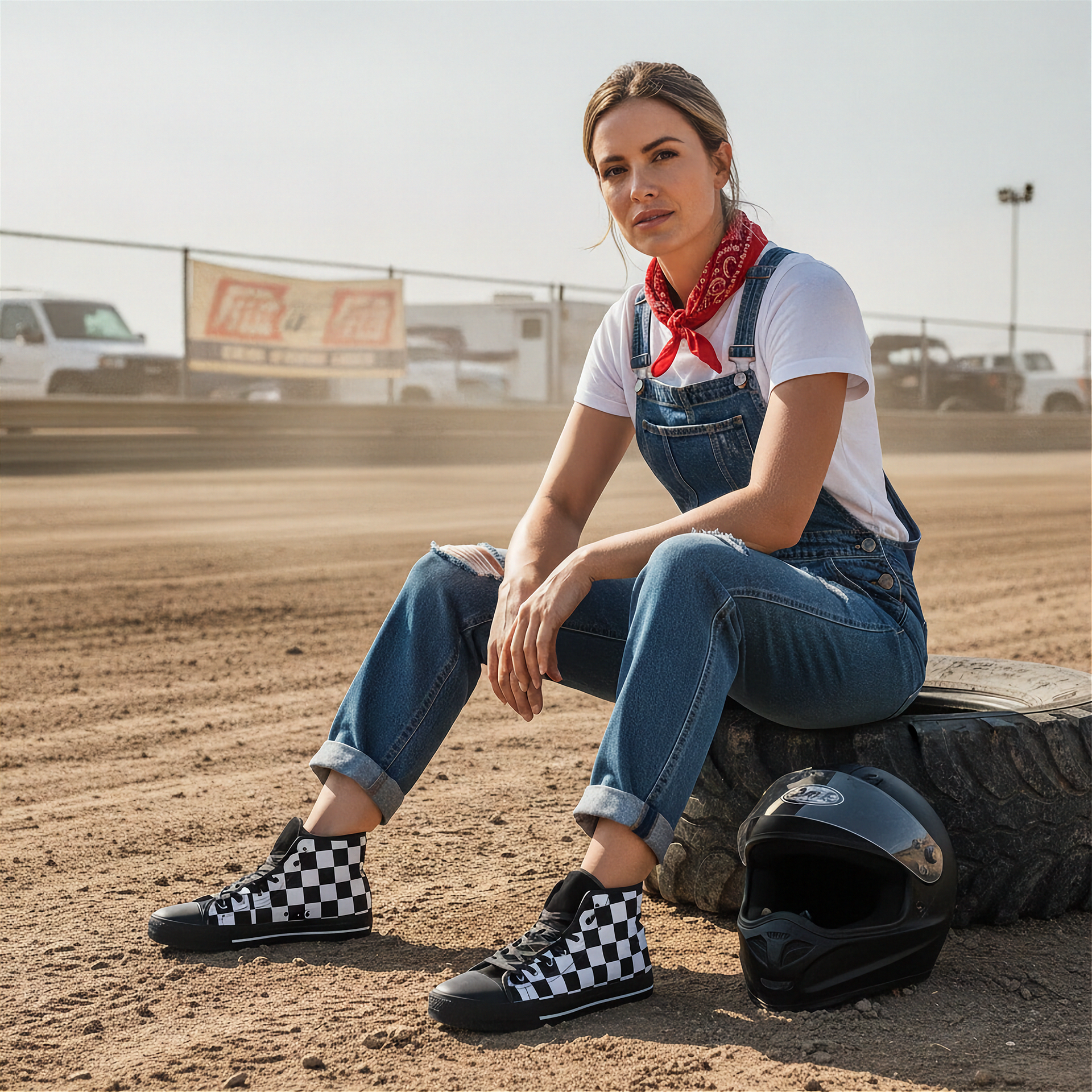 Woman wearing checkered high top shoes sitting on a tire with a helmet next to her at a dirt track.