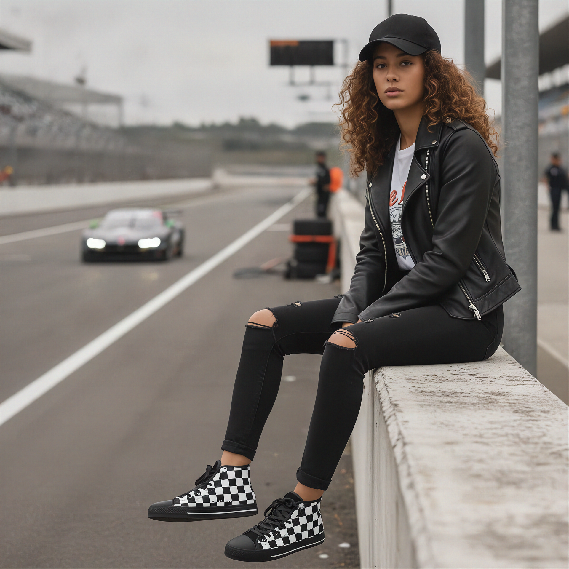 Woman wearing checkered shoes sitting on a barrier at a race track with cars in the background