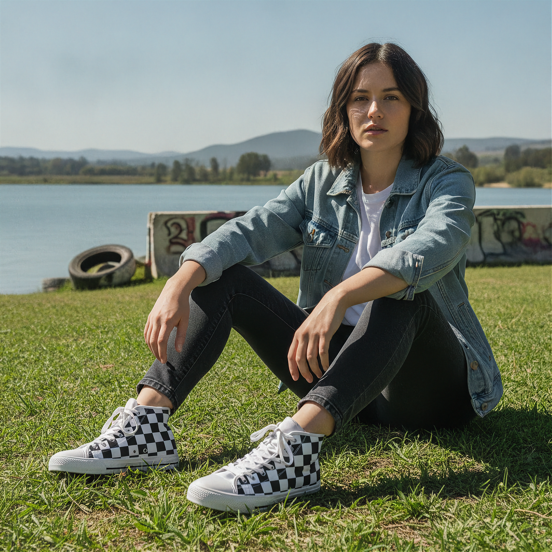Woman sitting on grass by a lake wearing checkered sneakers.
