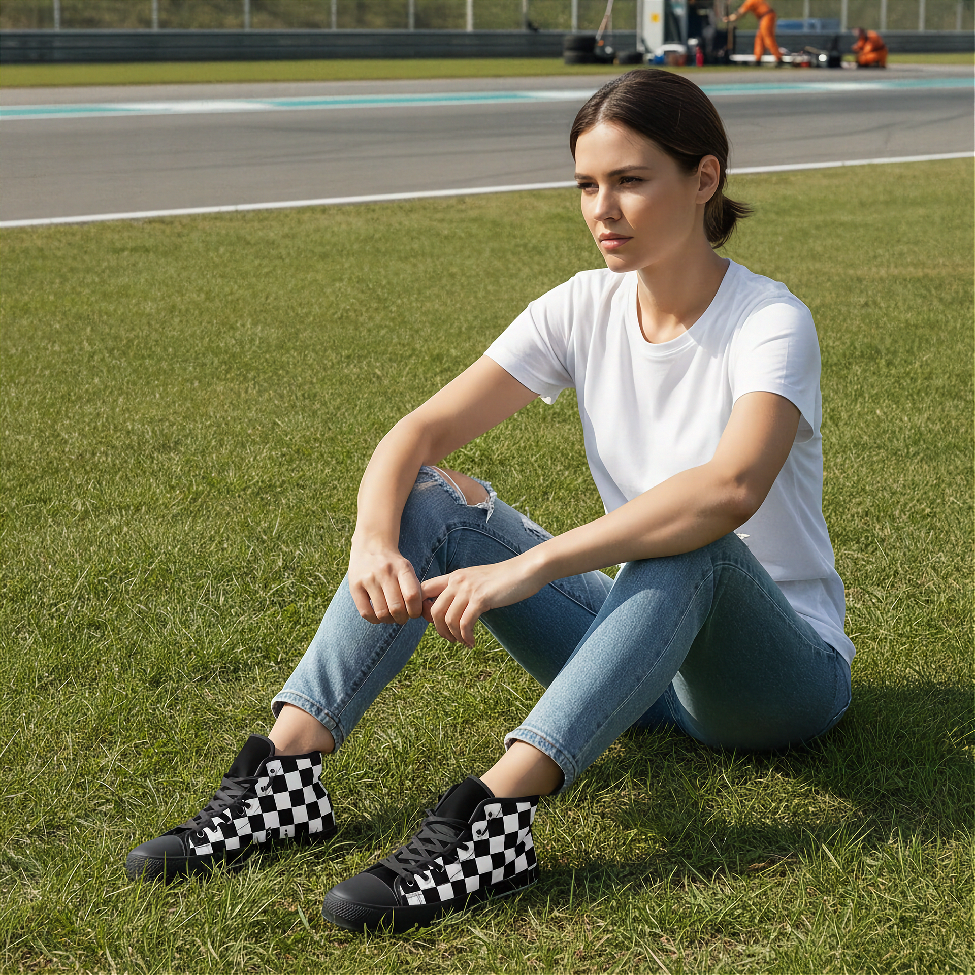Woman sitting on grass wearing checkered shoes with a race track in the background