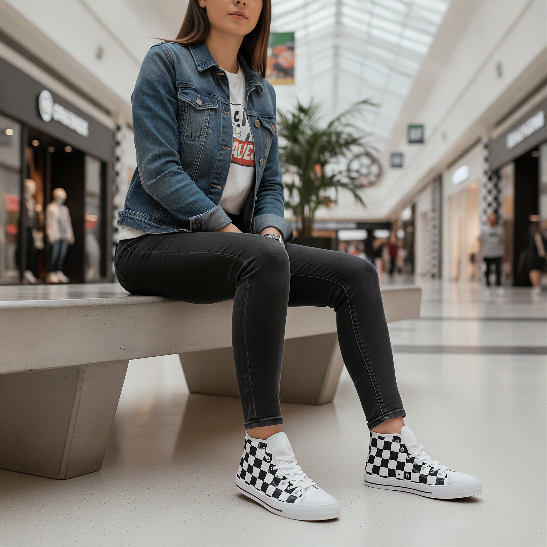 Woman sitting on a bench in a mall wearing a denim jacket, graphic t-shirt, black jeans, and checkered sneakers.