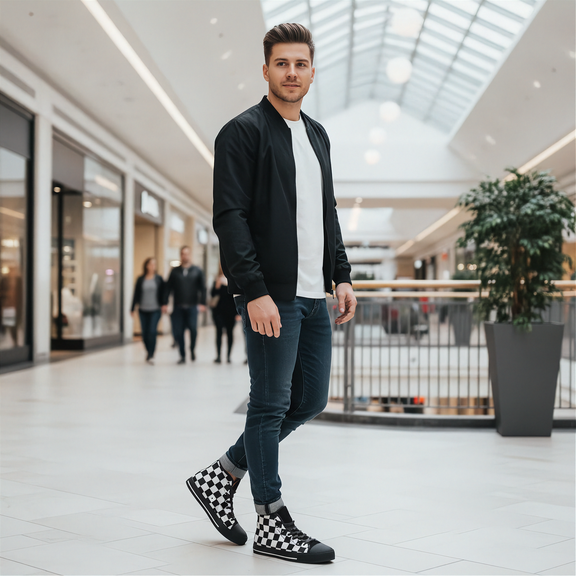 Man standing in a modern mall wearing a black jacket, white shirt, blue jeans, and checkered shoes.