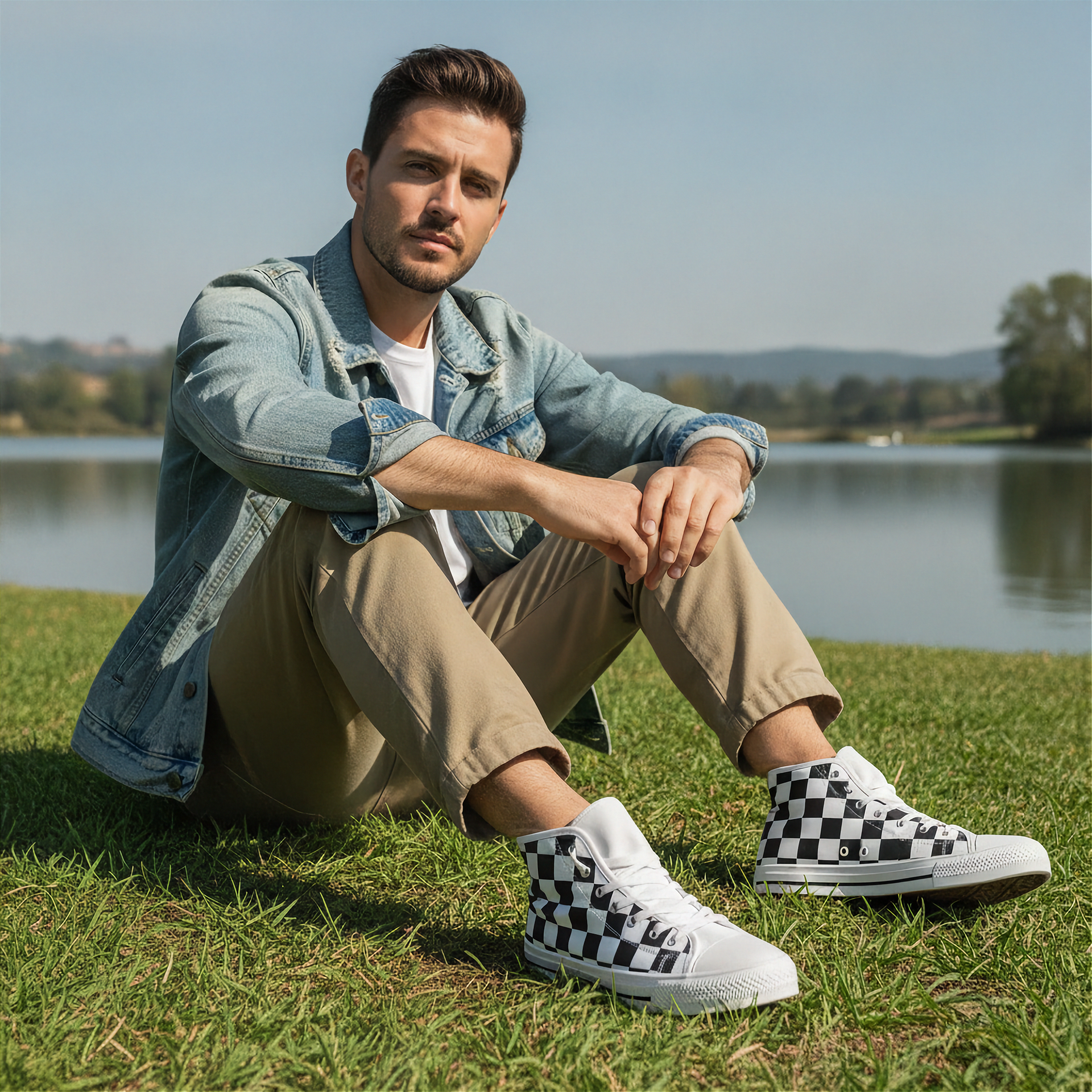 Man sitting on grass wearing a denim jacket, beige pants, and checkered shoes with a lake and mountains in the background.