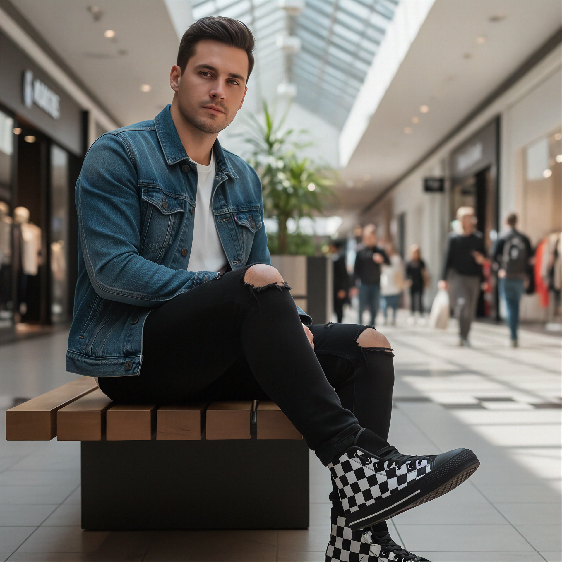Man sitting on a bench in a shopping mall wearing a denim jacket and checkered shoes.