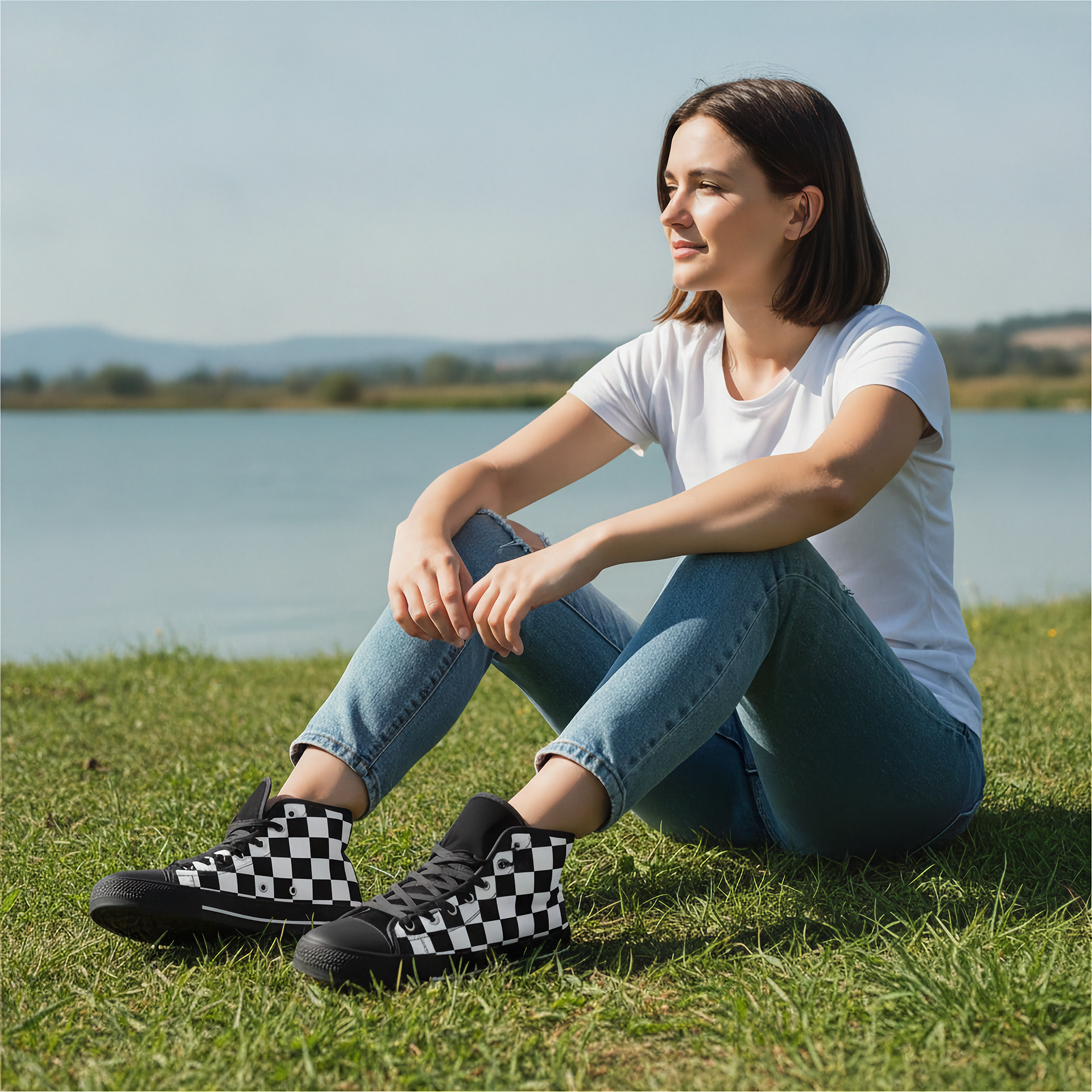 Woman sitting on grass by a lake wearing checkered shoes