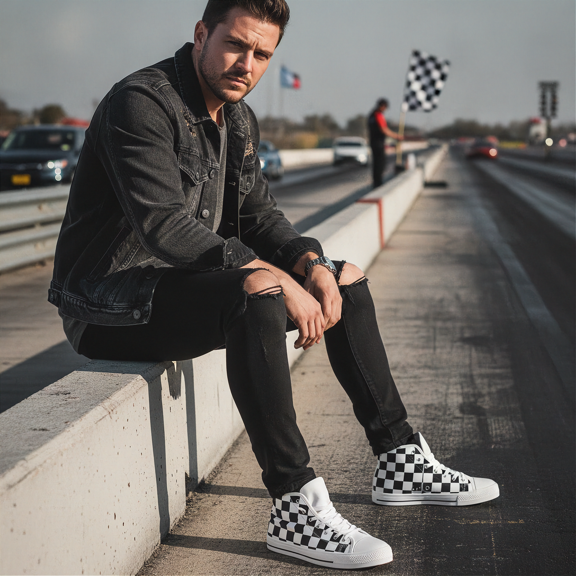 Man sitting on a concrete barrier at a race track wearing checkered shoes.