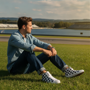 Man wearing blue jeans and checkered high top shoes sitting on grass by a race track with a scenic background