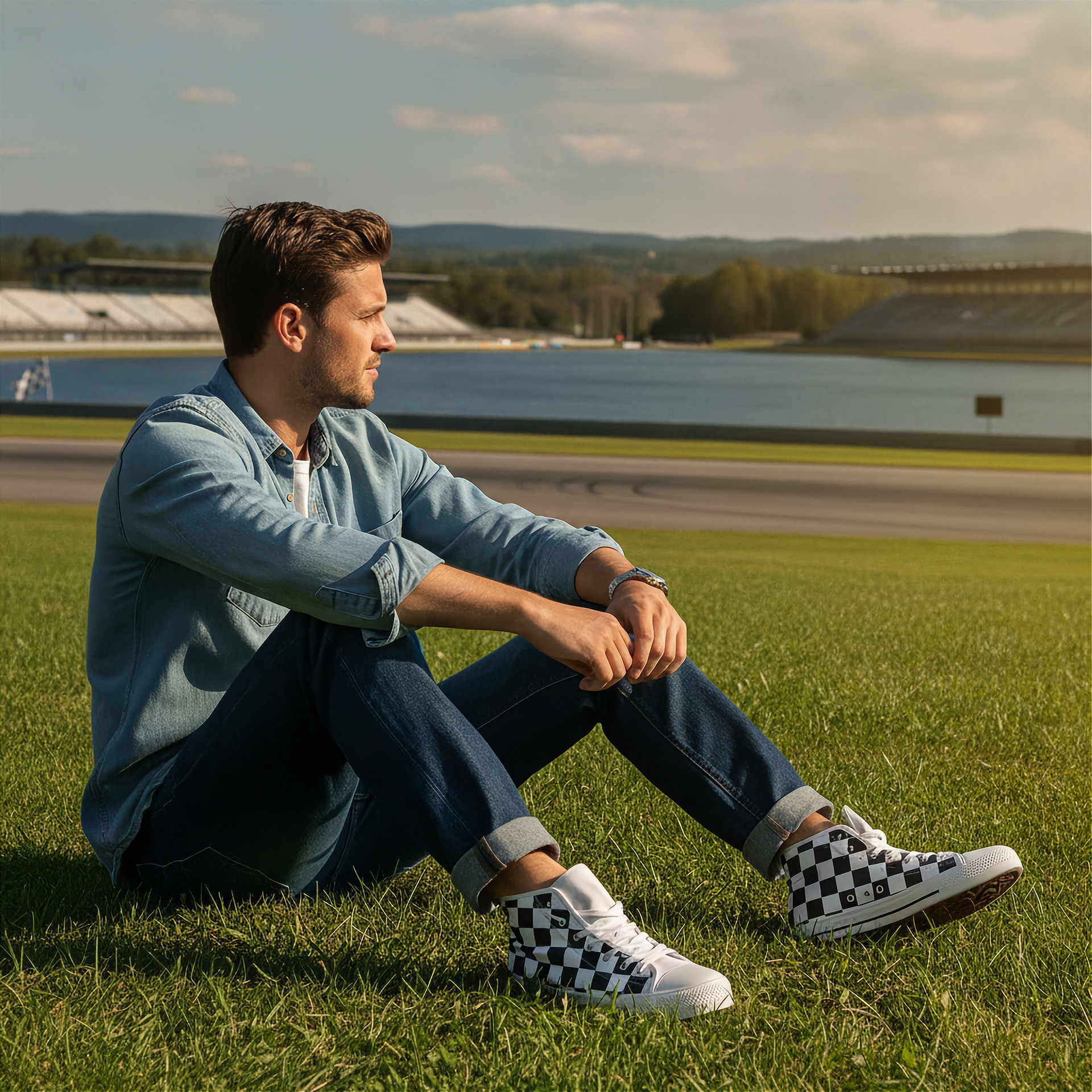 Man wearing blue jeans and checkered high top shoes sitting on grass by a race track with a scenic background