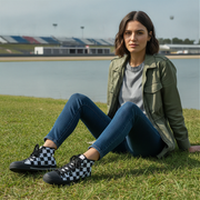 Woman sitting on grass wearing checkered shoes with a lake and stadium in the background