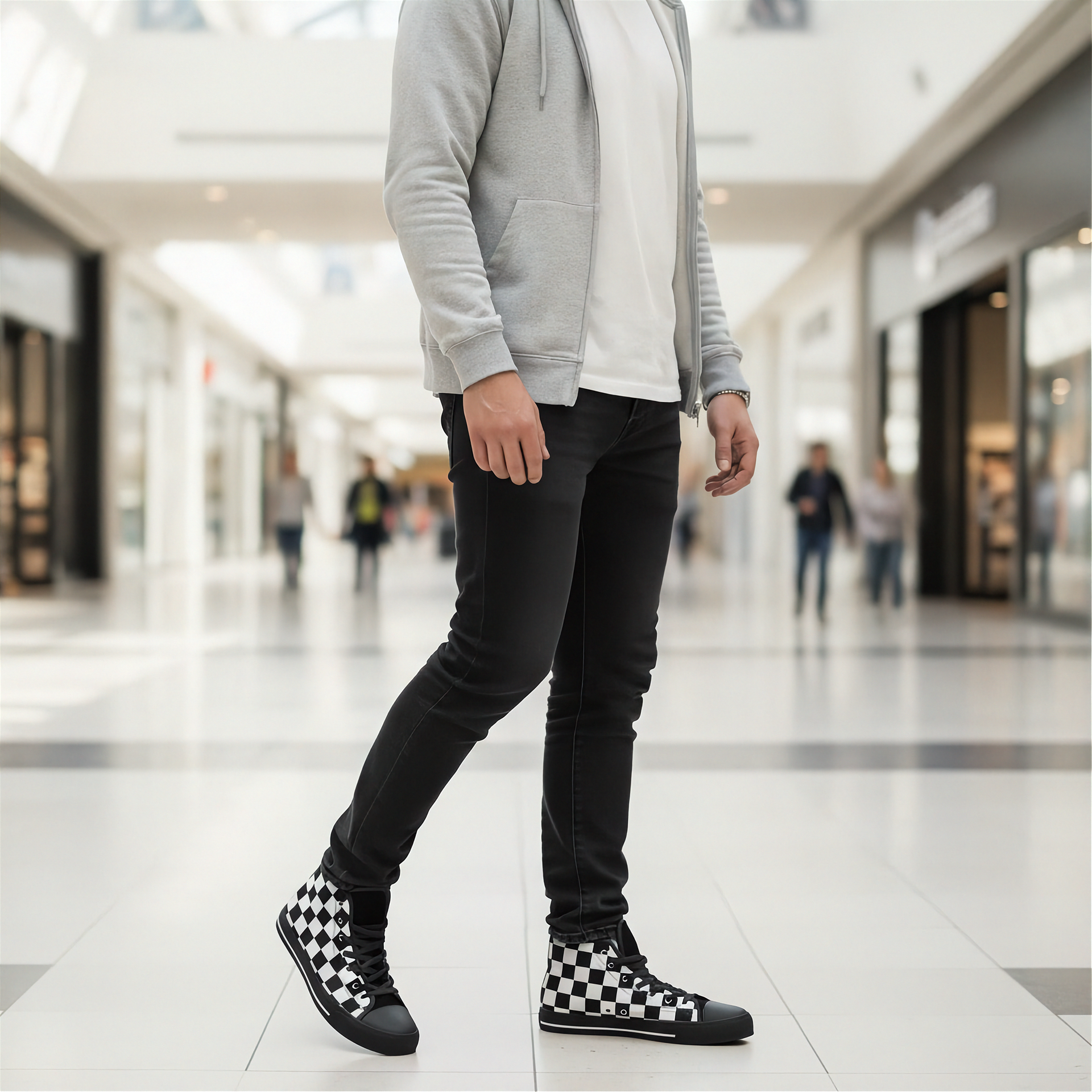 Person wearing a gray hoodie, black jeans, and checkered shoes in a mall setting