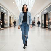 Woman in a denim jacket and jeans and wearing checkered shoes walking in a shopping mall.