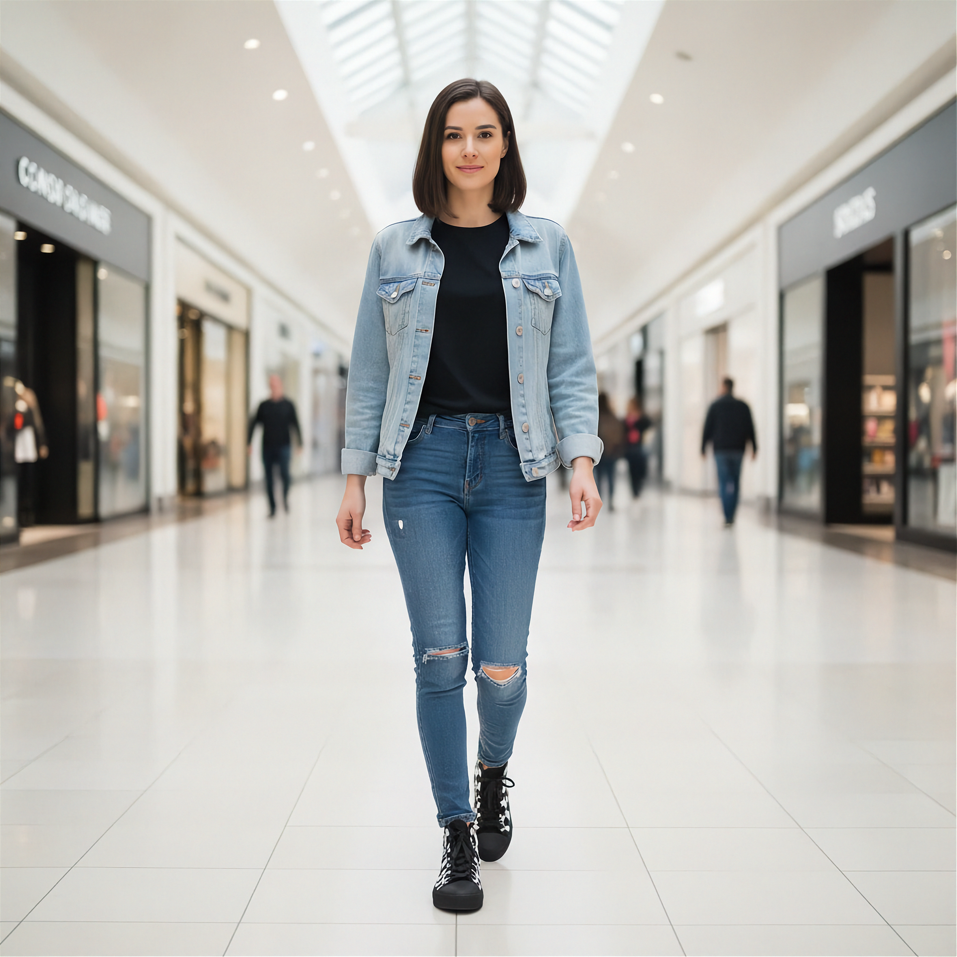 Woman in a denim jacket and jeans and wearing checkered shoes walking in a shopping mall.