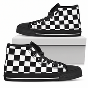 Black and white checkered high-top sneakers with a white box in the background