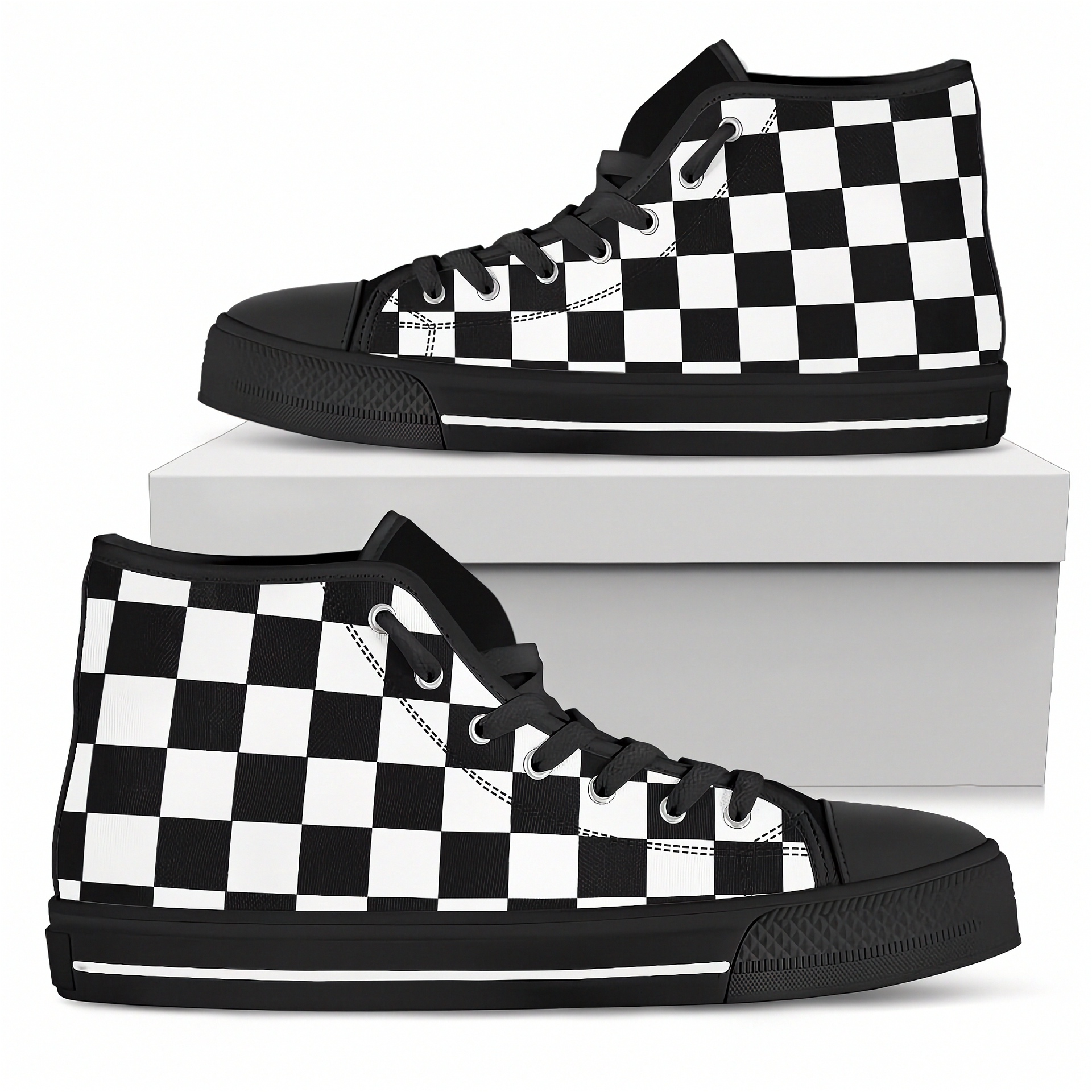 Black and white checkered high-top sneakers with a white box in the background
