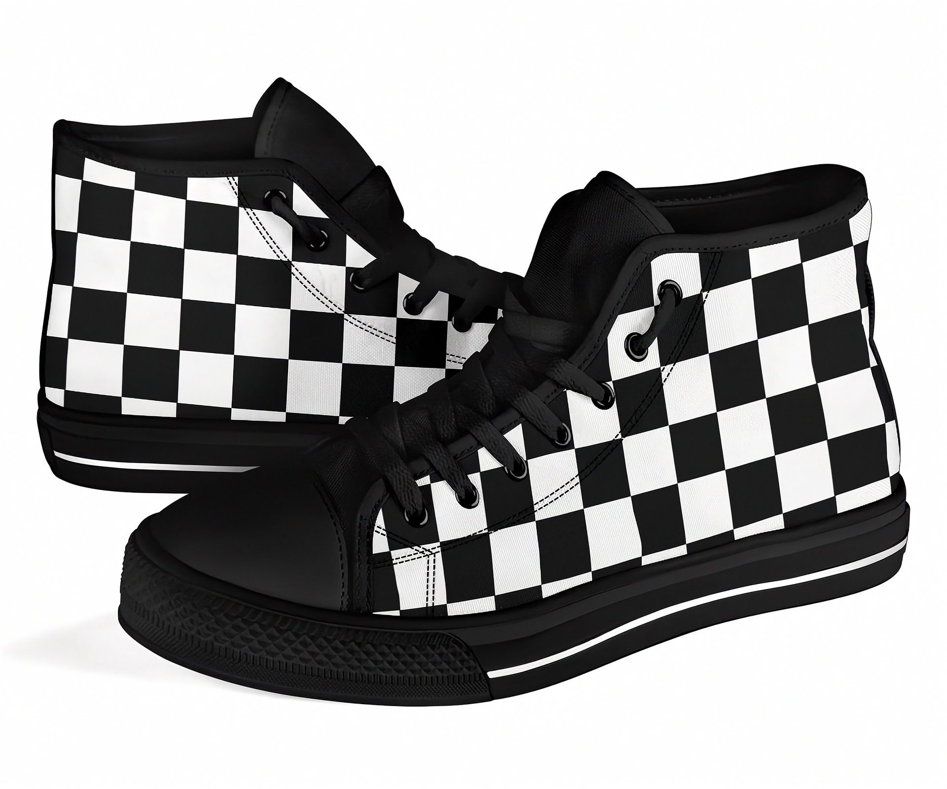 Black and white checkered high-top sneakers on a white background