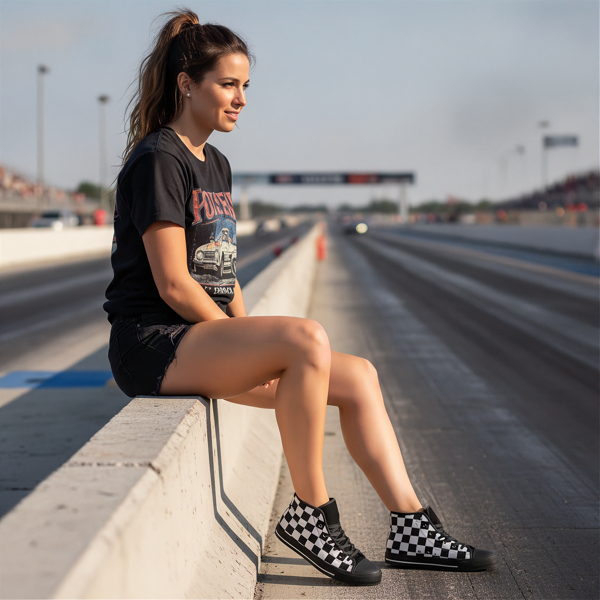 Woman sitting on a race track wearing a black t-shirt with a graphic design and checkered shoes.