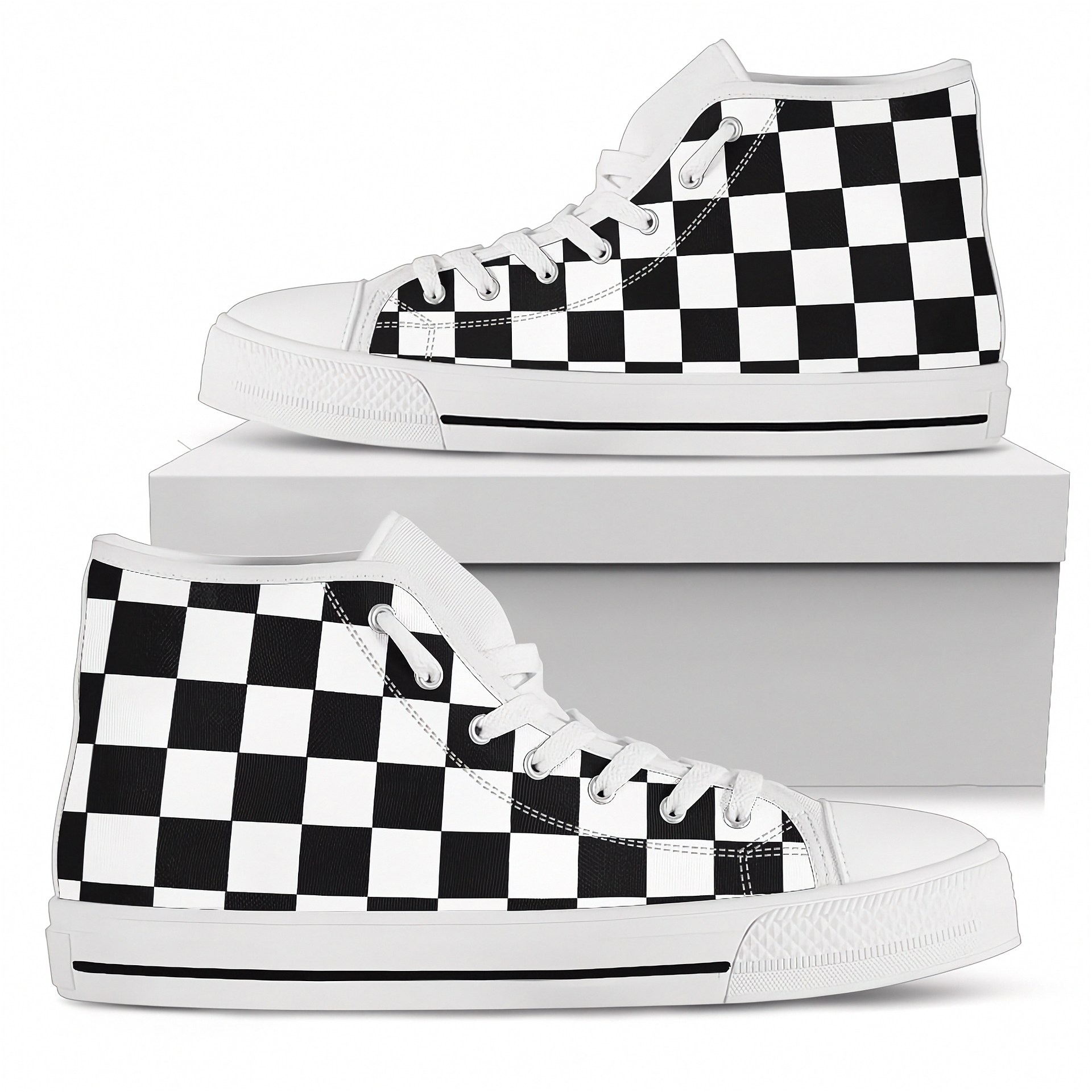 Black and white checkered high-top sneakers on a white background