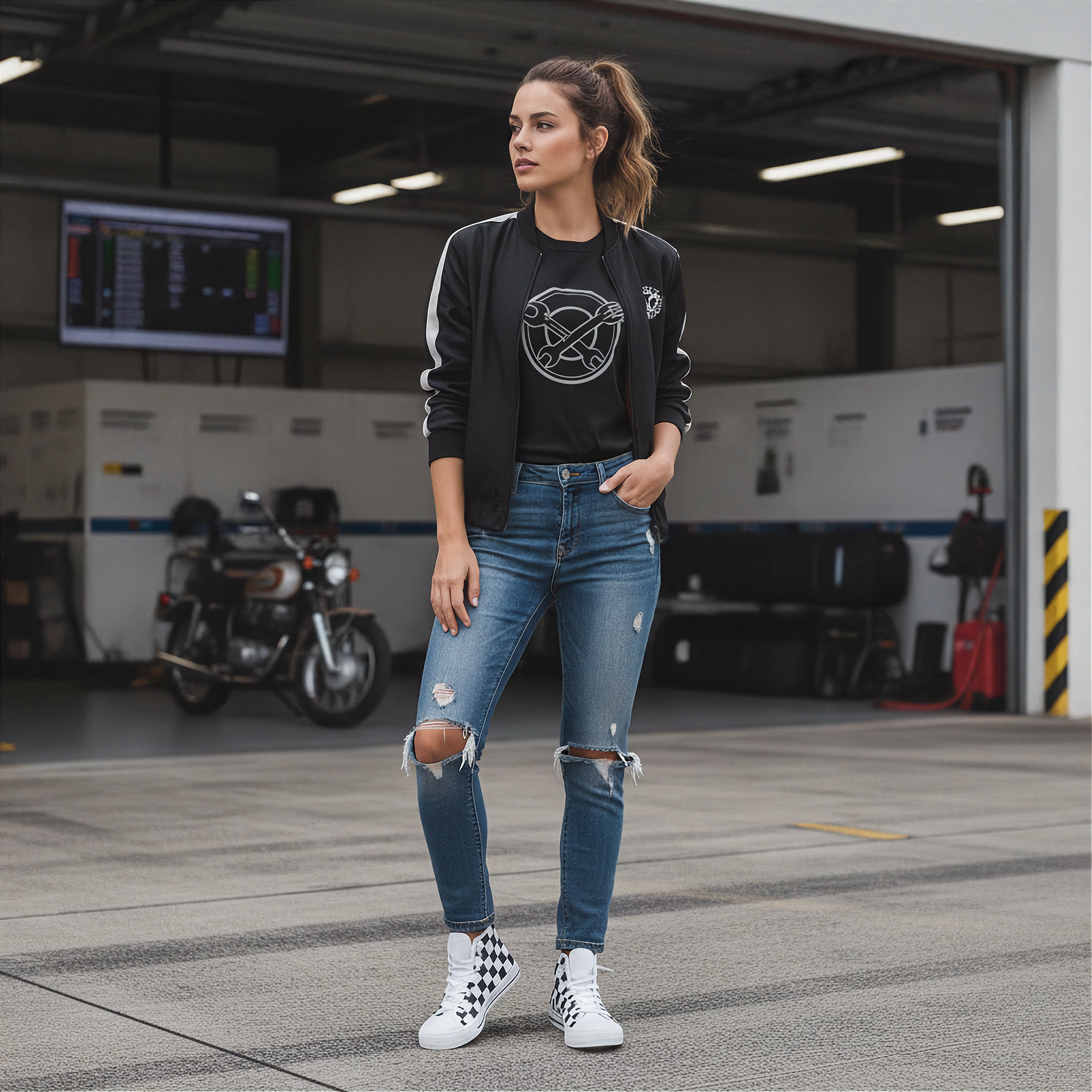 Woman in a black jacket and blue jeans and checkered high top shoes standing in a garage with motorcycles.