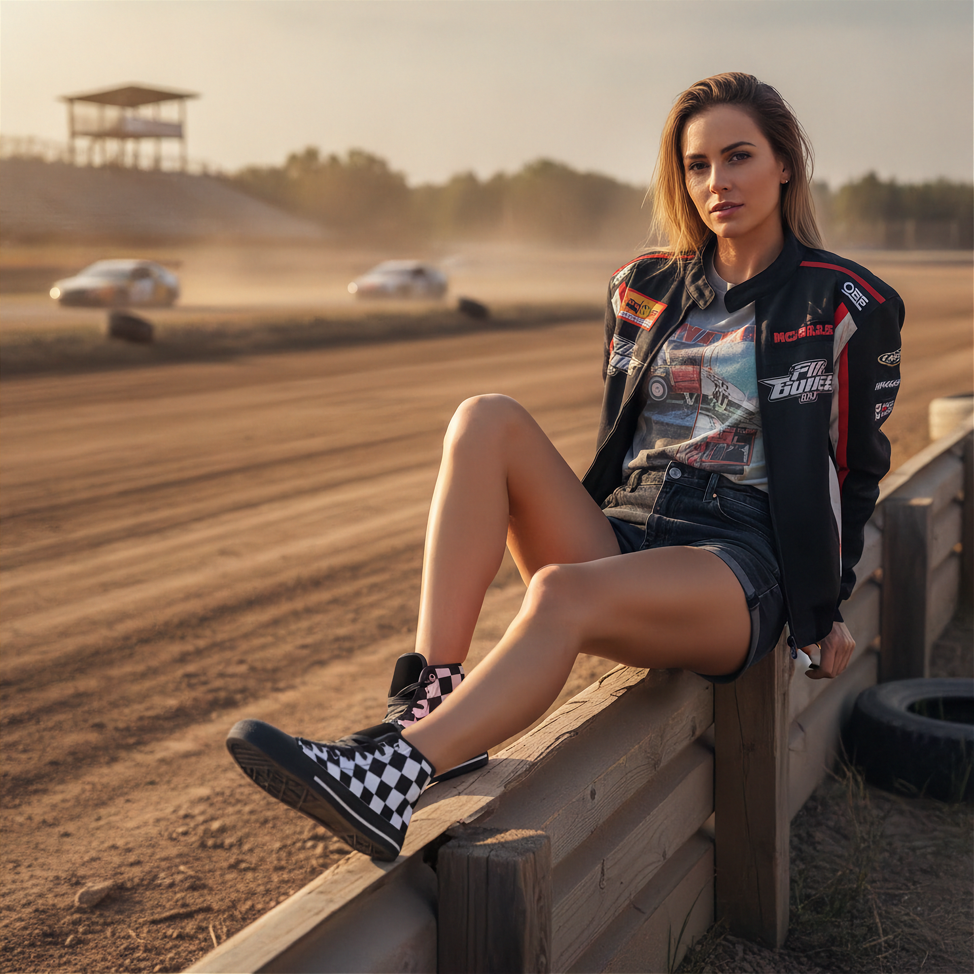 Woman sitting on a wooden barrier at a race track with cars in the background and wearing a high top checkered shoes