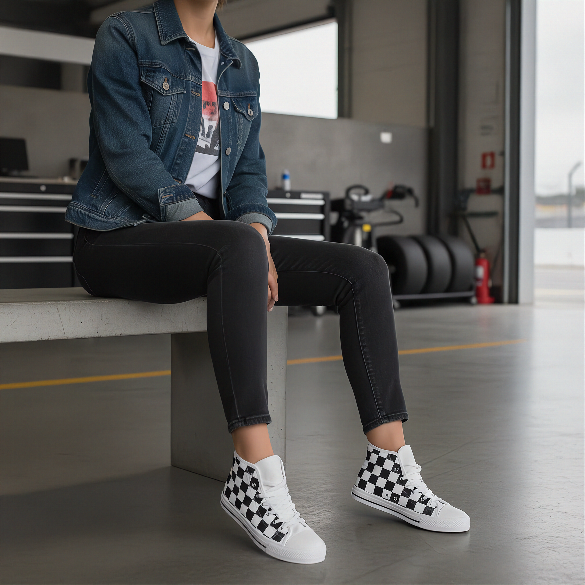Woman wearing checkered shoes sitting on a bench in an industrial setting
