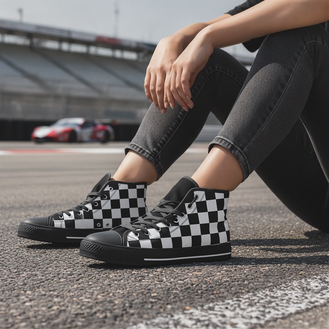 Person wearing black and white checkered high top shoes on a racetrack with a car in the background