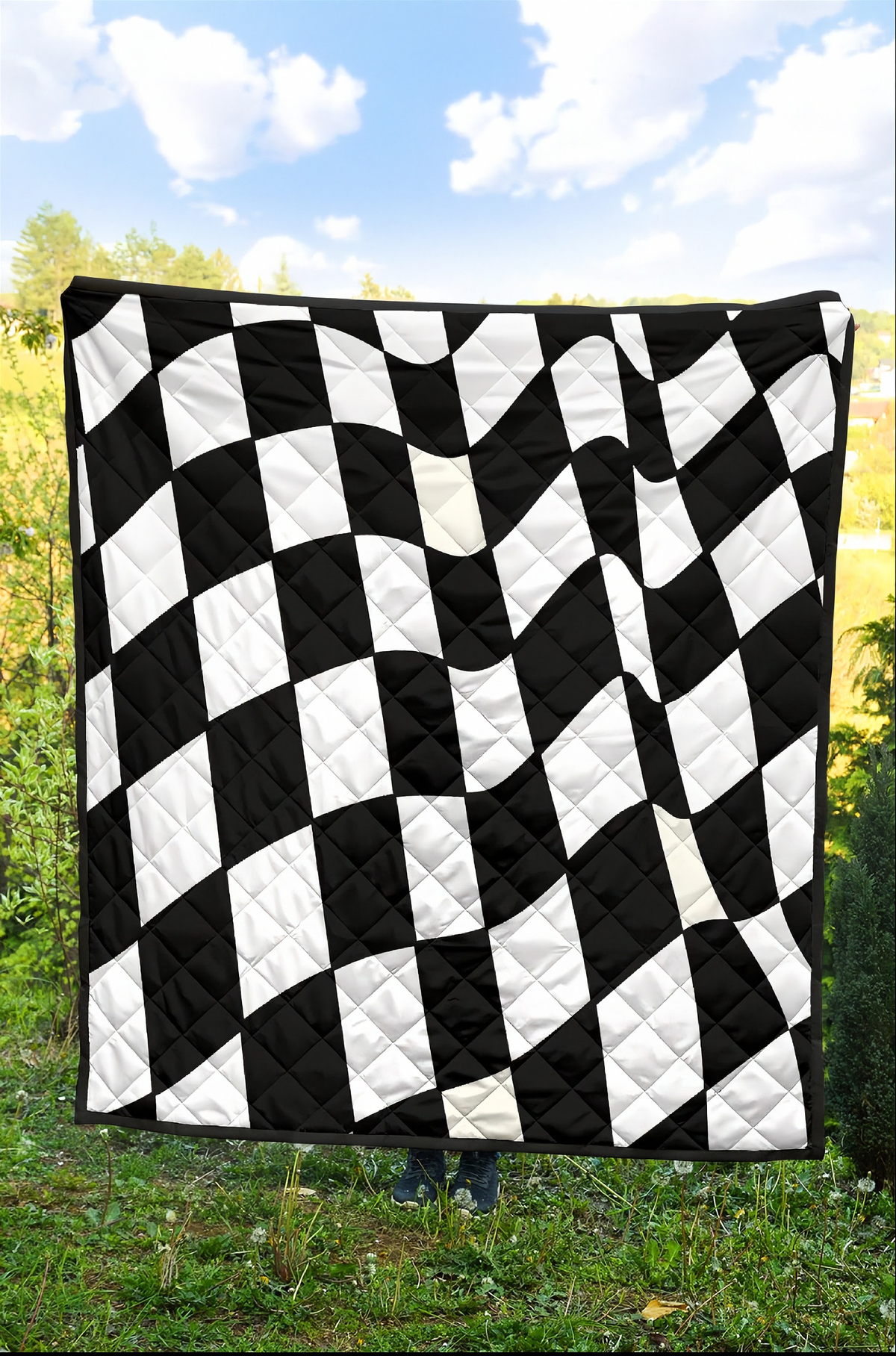 A black and white checkered quilted blanket or throw is held up outdoors in a grassy field under a blue sky with clouds.