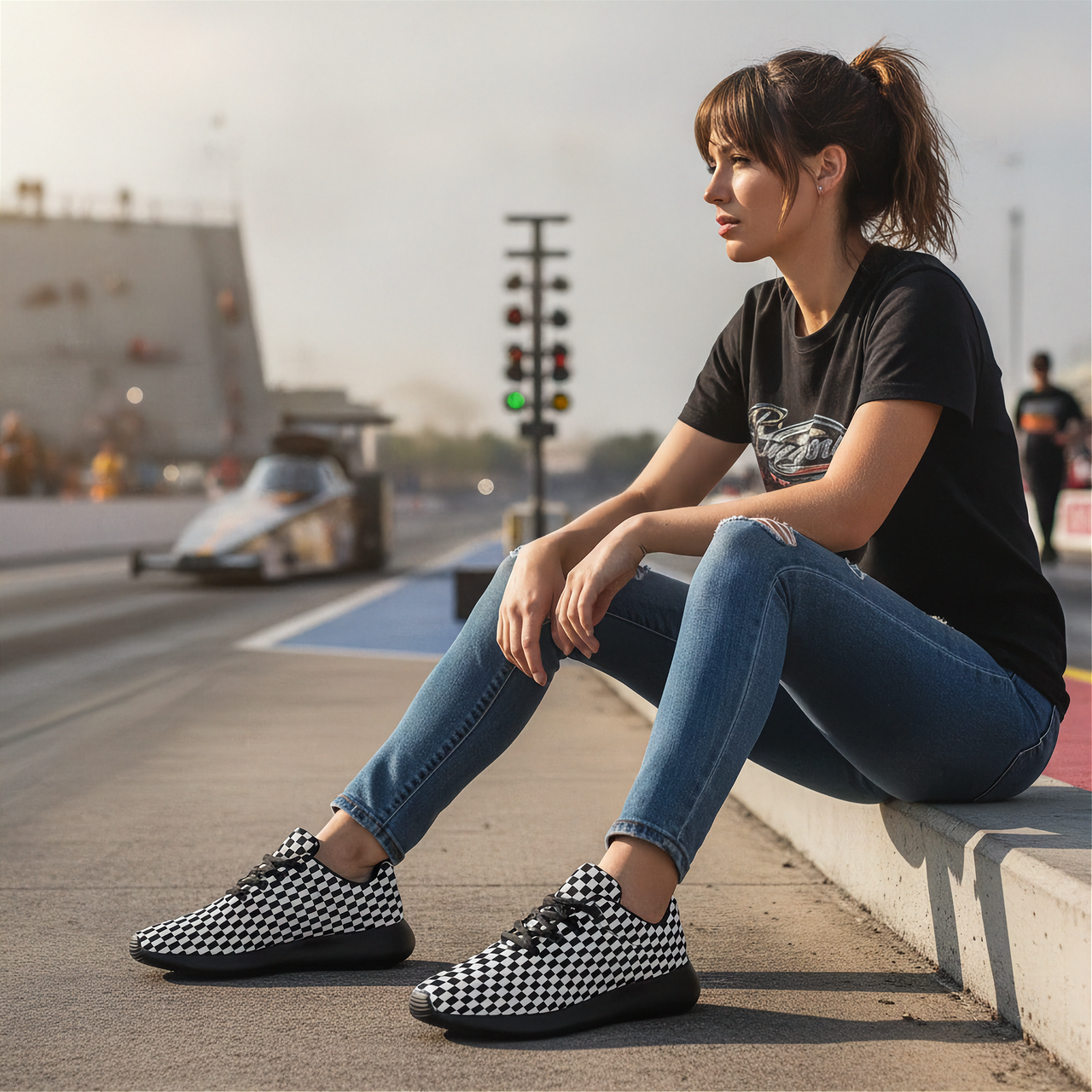 Woman sitting on a race track wearing checkered shoes, black t-shirt, and blue jeans.