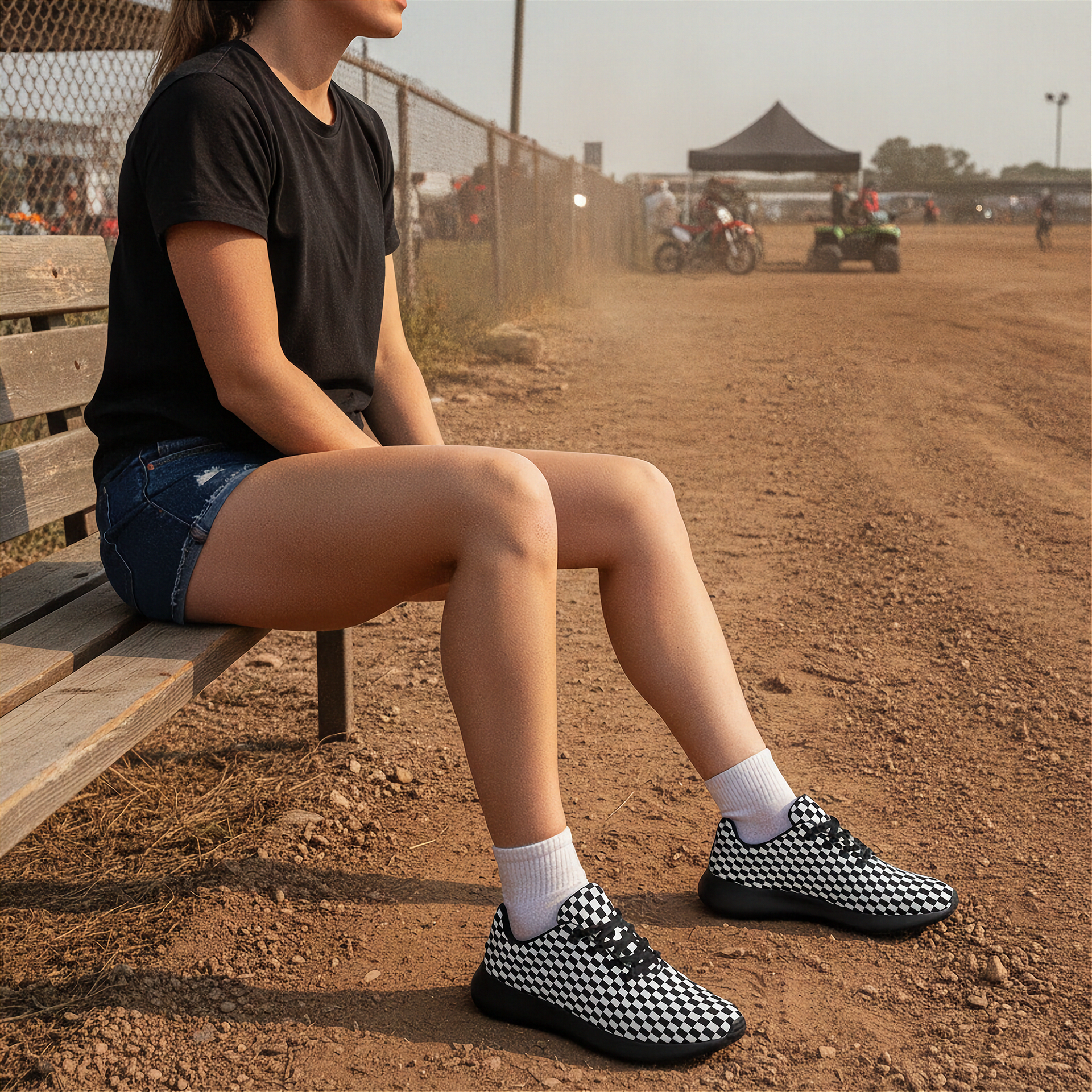 Person sitting on a bench at a dirt track event wearing checkered shoes.