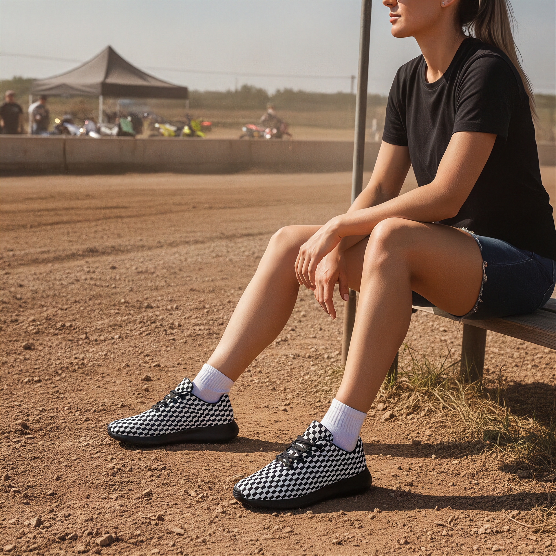 Person sitting on a dirt track wearing checkered shoes