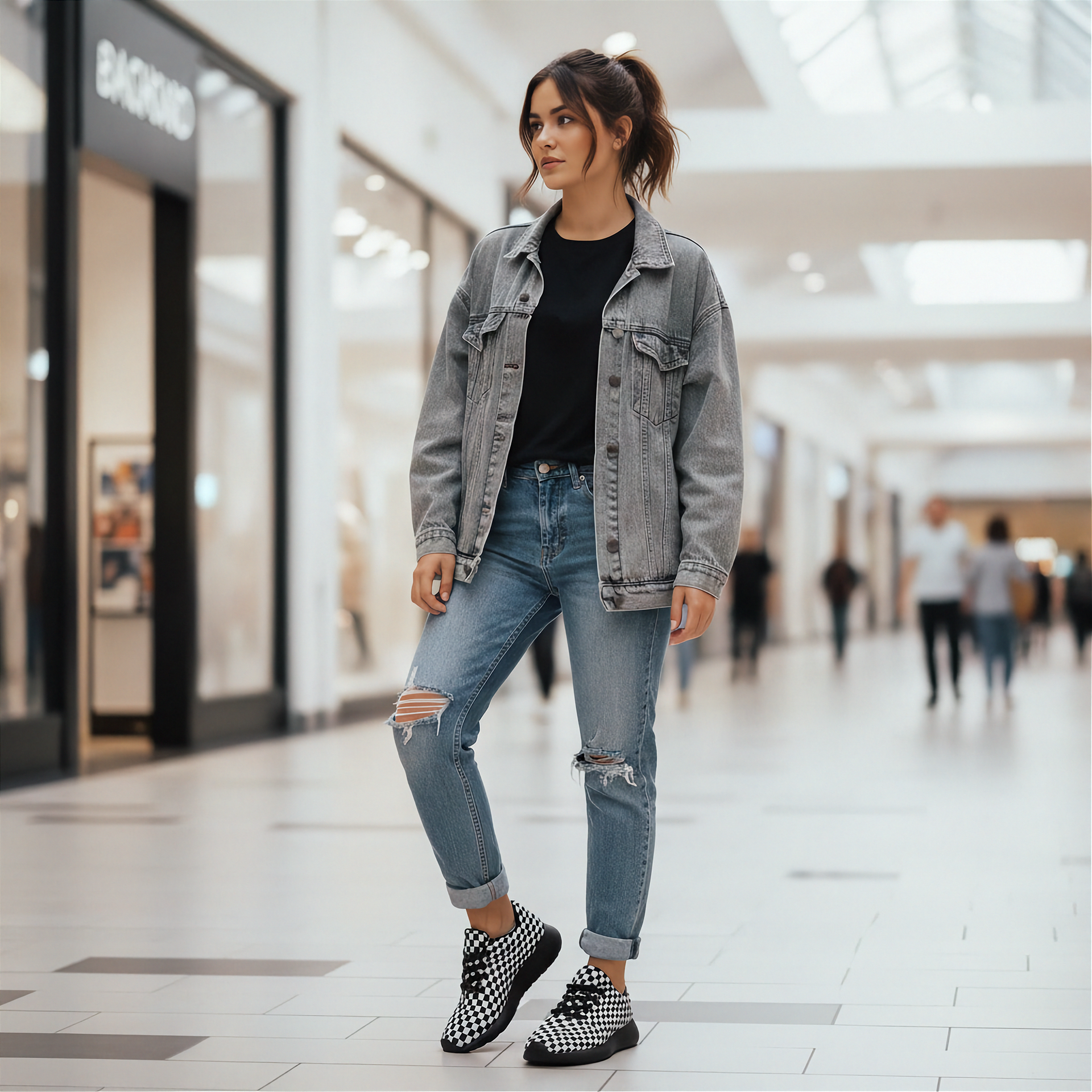Woman in a denim jacket and jeans standing in a shopping mall.