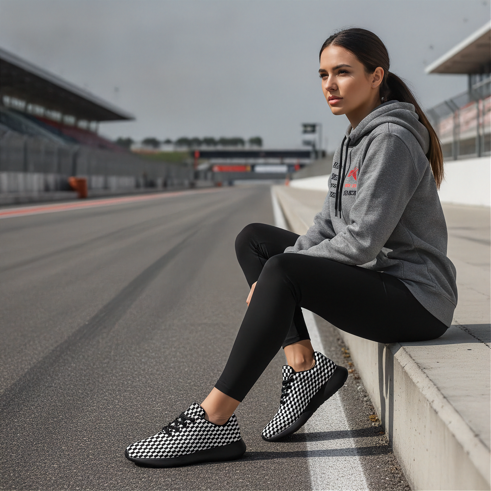 Woman sitting on a race track wearing a gray hoodie and black checkered shoes.