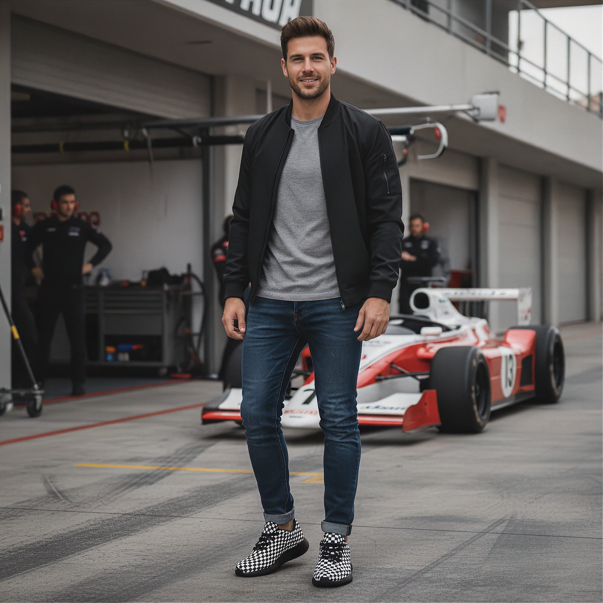 Man standing in front of a racing car on a track wearing checkered sneakers