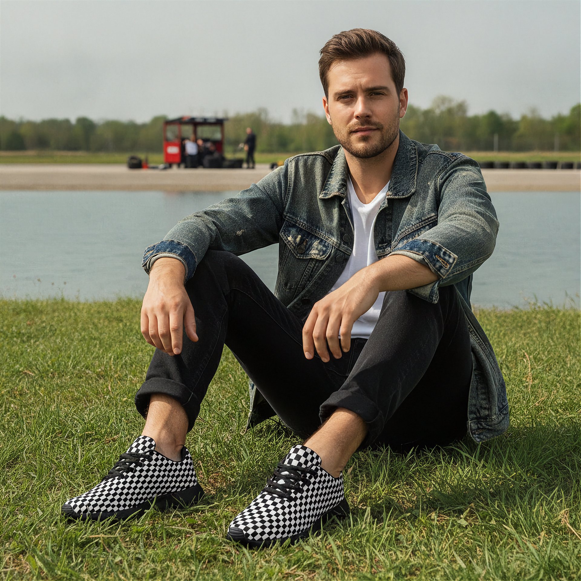 Man sitting on grass by a lake wearing a denim jacket and checkered shoes.